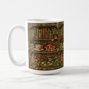 Retro book shelf mushrooms coffee floral mug
