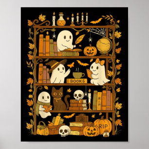 Retro Bookshelf Black Cat Halloween Ghost Reading Poster