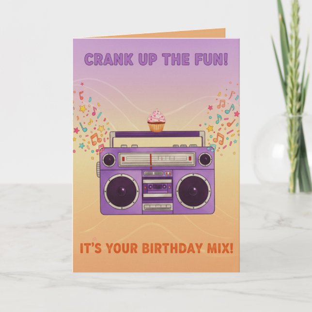 Retro Boombox "Crank Up The Fun" Birthday Card (Front)