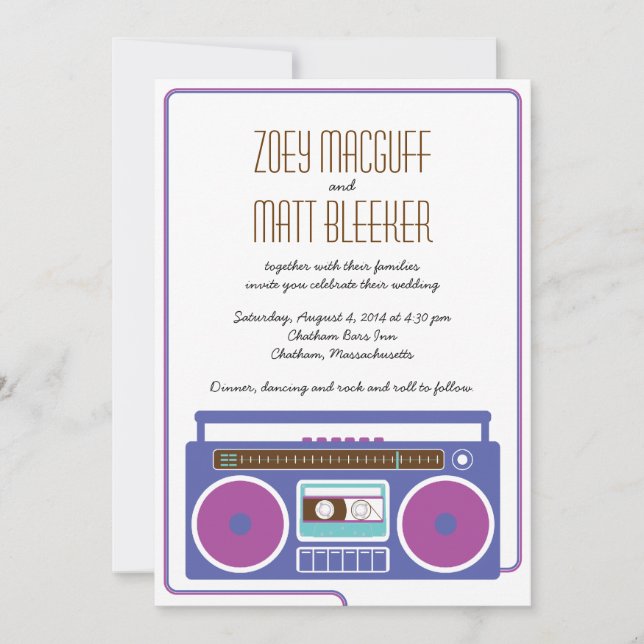 Retro Boombox Indie Mixtape Wedding (Purple/Blue) Invitation (Front)