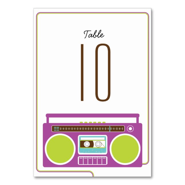 Retro Boombox Indie Mixtape Wedding (Purple/Lime) Table Number (Front)