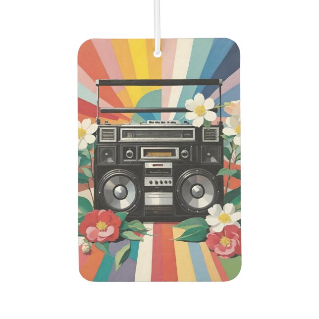 Retro Boombox With Rainbows And Flowers Car Air Freshener (Front)