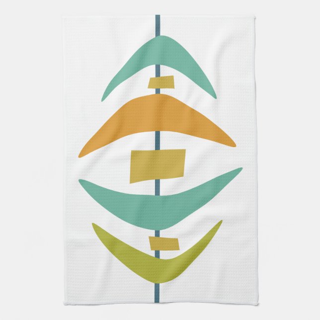Retro Boomerang Aqua Orange Green Mid Century Tea Towel (Vertical)