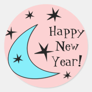 Retro Boomerang Stars "Happy New Year!" Classic Round Sticker