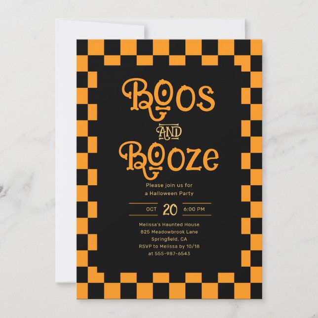 Retro Boos And Booze Halloween Checkered Orange Invitation (Front)
