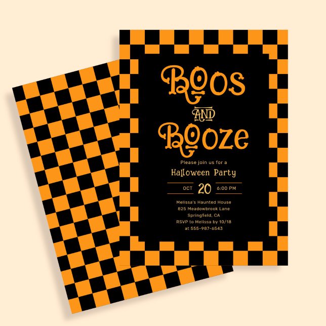 Retro Boos And Booze Halloween Checkered Orange Invitation (Creator Uploaded)