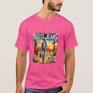 Retro Boots Jeans And Jesus Country Music Cowgirl  T-Shirt