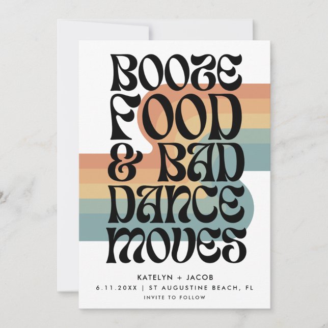 Retro Booze Food Bad Dance Moves Wedding Save The Date (Front)
