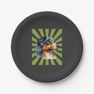 Retro Border Collie Sunburst Graphic design Paper Plate