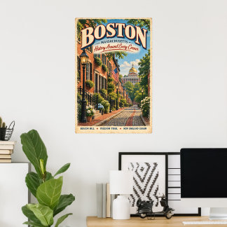 Retro Boston Massachusetts Travel Beacon Hill Poster