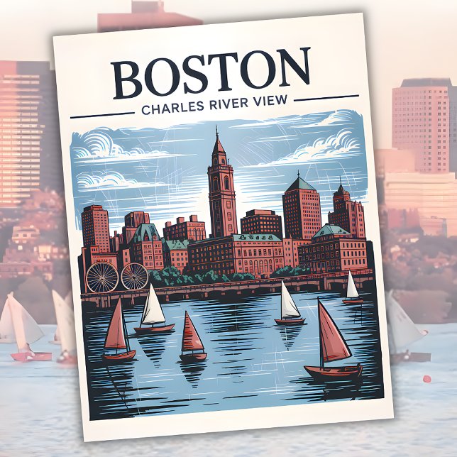 Retro Boston Sailboat Massachusetts Skyline Travel Postcard (Retro Boston Sailboat Massachusetts Skyline Travel Postcard)
