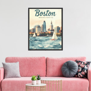 Retro Boston Skyline & Sailboats   Massachusetts Canvas Print