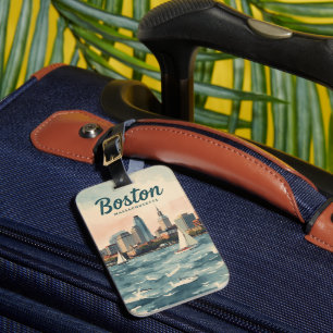Retro Boston Skyline & Sailboats   Massachusetts Luggage Tag