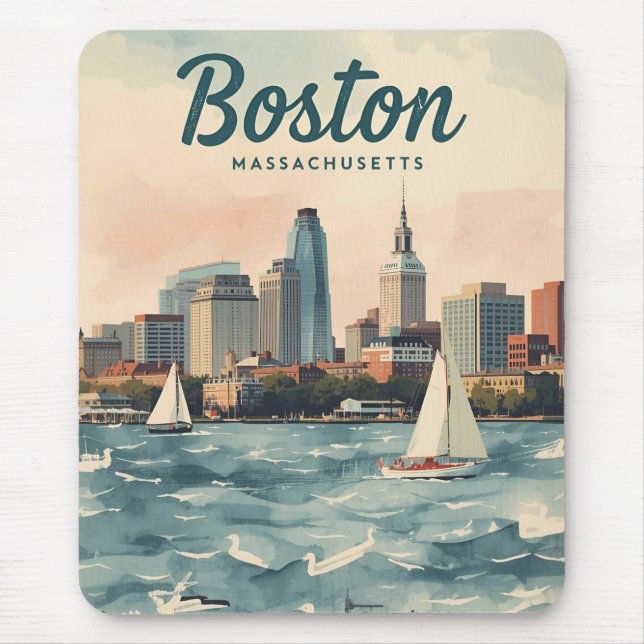 Retro Boston Skyline & Sailboats | Massachusetts Mouse Pad (Front)