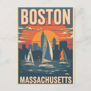 Retro Boston Skyline & Sailboats Massachusetts Postcard