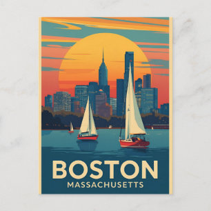 Retro Boston Skyline & Sailboats   Massachusetts Postcard