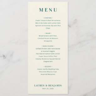 Retro Botanica and Teal Wedding Menu