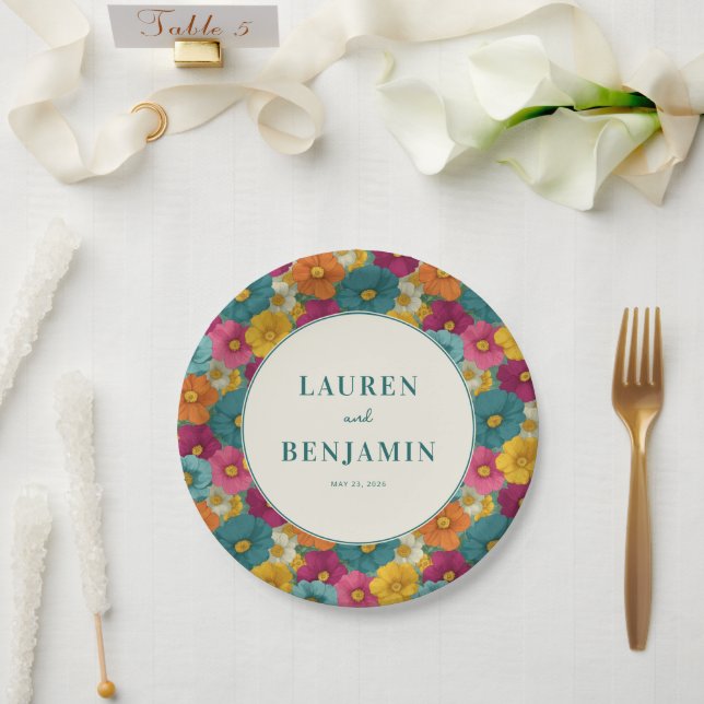 Retro Botanica and Teal Wedding Paper Plate (Wedding)
