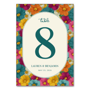 Retro Botanica and Teal Wedding Table Number