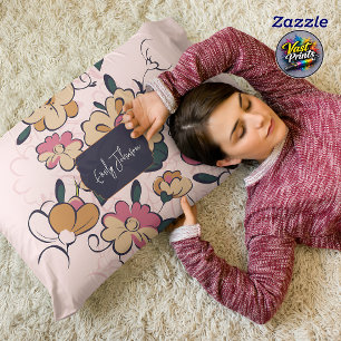 Retro Botanical Custom Name Pink Cream Beige Decorative Cushion