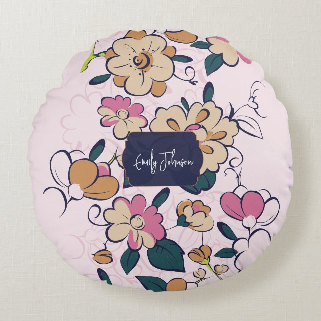 Retro Botanical Custom Name Pink Cream Beige Round Cushion (Front)