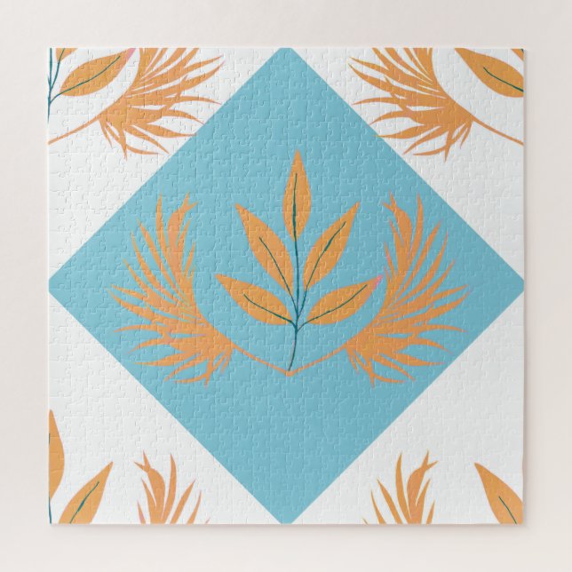 Retro Botanical Geometric Pattern | Orange Floral  Jigsaw Puzzle (Vertical)