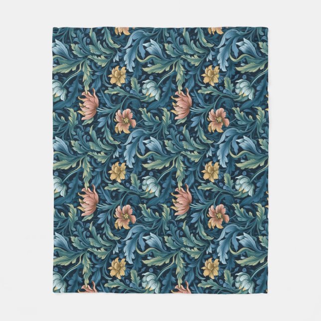 Retro botanical pattern blue fleece blanket (Front)