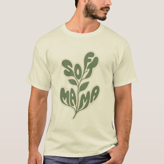 Retro Botanical "Soft Mama" Leaf Typography Design T-Shirt (Front)