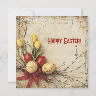 Retro bouquet red and yellow Easer eggs tulips Holiday Card