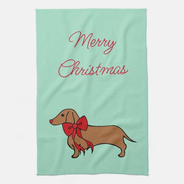 Retro Bow Christmas Dachshund Kitchen Towel Gift (Vertical)