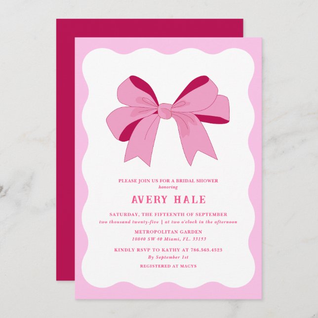 Retro Bow Pink Lilac Chic Curve Wavy Bridal Shower Invitation (Front/Back)