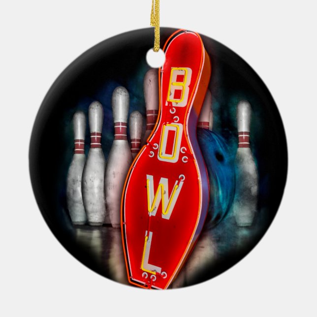 Retro Bowl with bowling pins and ball Ceramic Tree Decoration (Back)