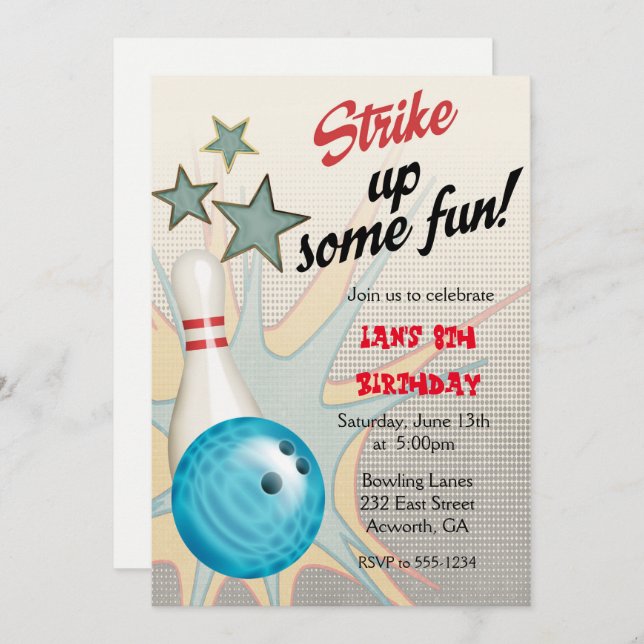 Retro Bowling Birthday Invitation (Front/Back)