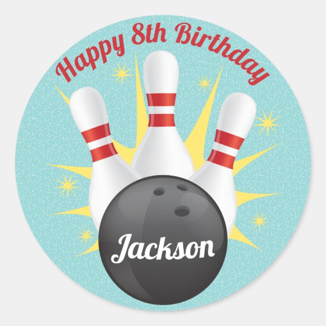 Retro Bowling Birthday Party Classic Round Sticker (Front)
