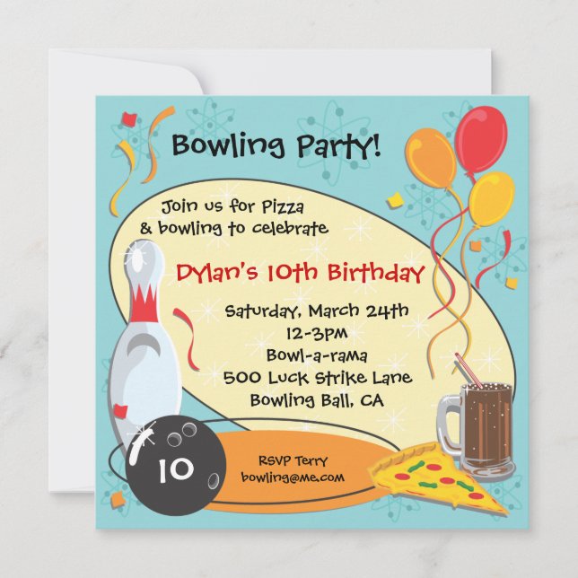 Retro Bowling Birthday Party Invitation Card (Front)