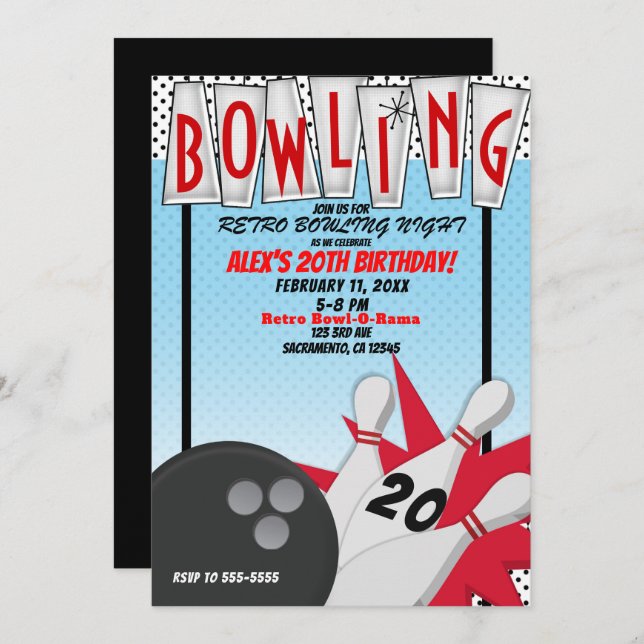 Retro Bowling Bowl Night Birthday Party Invitation (Front/Back)