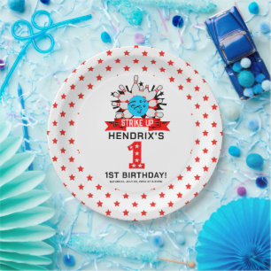 Retro Bowling Kids 1st Birthday Party Paper Plate