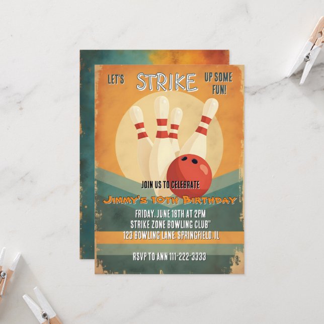 Retro Bowling Kids Birthday Party Invitation (Front/Back In Situ)