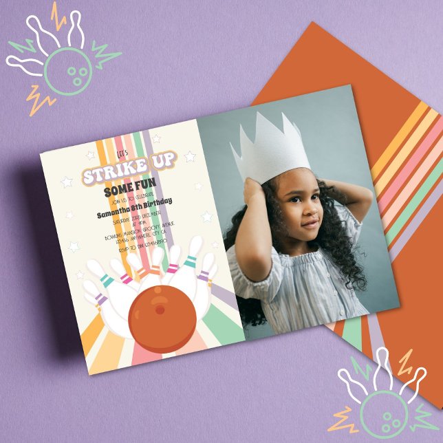 Retro Bowling Kids Birthday Photo Invitation (Creator Uploaded)