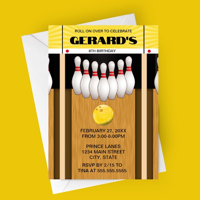 Retro Bowling Lane Birthday Party Invitation (Yellow Retro Bowling Party Invitation)