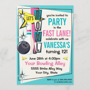 Retro Bowling Party Invitation - Pink