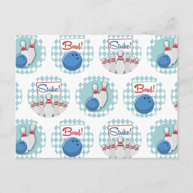 Retro Bowling Pattern Bowling Ball Pins Postcard (Front)