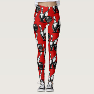 Retro Bowling Pins Black and White on Red Leggings