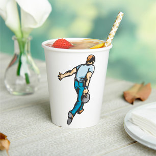 Retro Bowling Player Throwing Ball Paper Cups