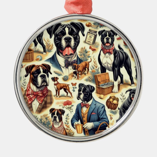 Retro Boxer Dog Illustration Metal Tree Decoration (Front)