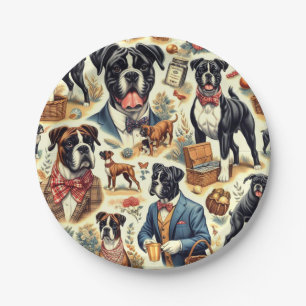 Retro Boxer Dog Illustration Paper Plate