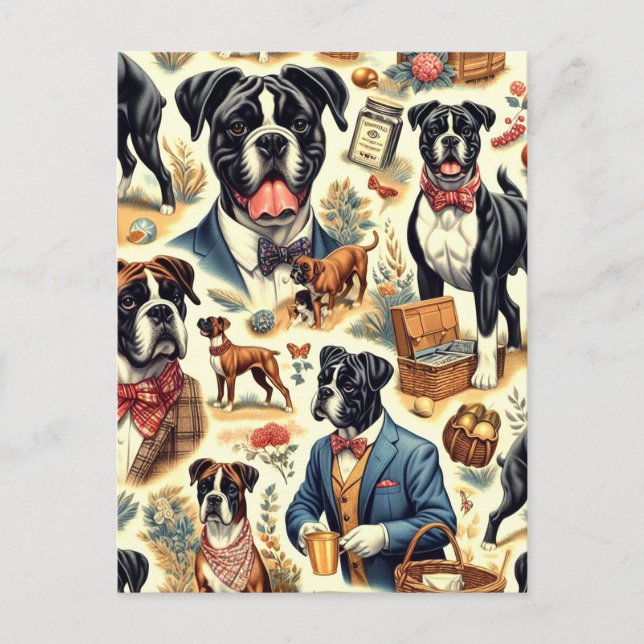 Retro Boxer Dog Illustration Postcard (Front)