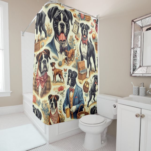 Retro Boxer Dog Illustration Shower Curtain (In Situ)