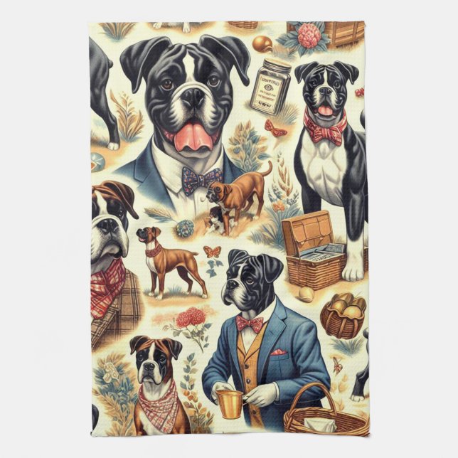 Retro Boxer Dog Illustration Tea Towel (Vertical)