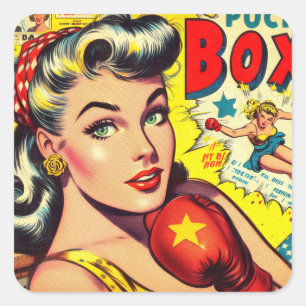 Retro Boxing Girl Comics Square Sticker